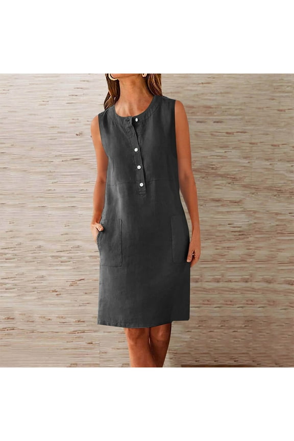 Shirt dresses Women Sleeveless Midi Crew Neck Black Dresses ,Sizes S-2XL