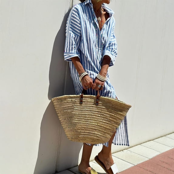 Sakmal Shirt dresses Womens Long Long Sleeve V Neck Blue Striped Dresses ,Sizes S-2XL