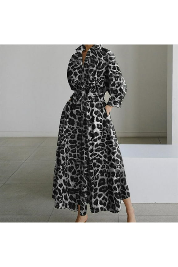 Shirt dresses for Women 2025 Long Sleeve Boho V Neck Long Gray Leopard Print Dresses S-5XL