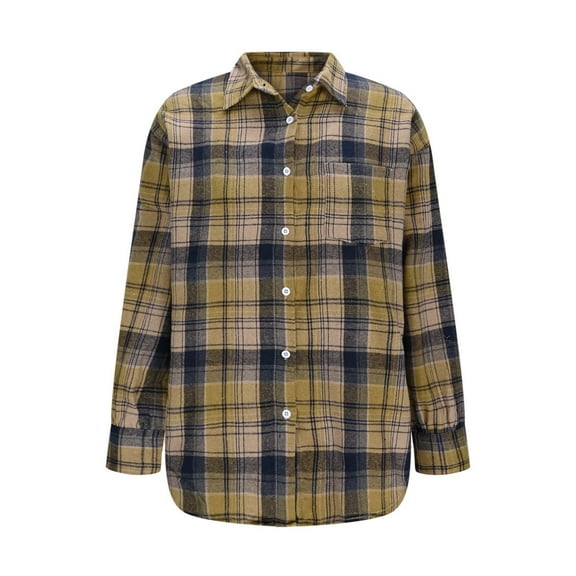 Sakmal Shirts Women Brown Button Down Cute Shirts Collared Plaid Long Sleeve Blouses with Pockets