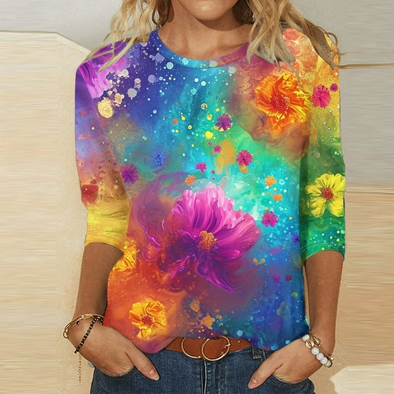 Sakmal Shirts for Women 3/4 Sleeve Pastel Crew Neck Colorful Graphic T-Shirts Shirts for Women