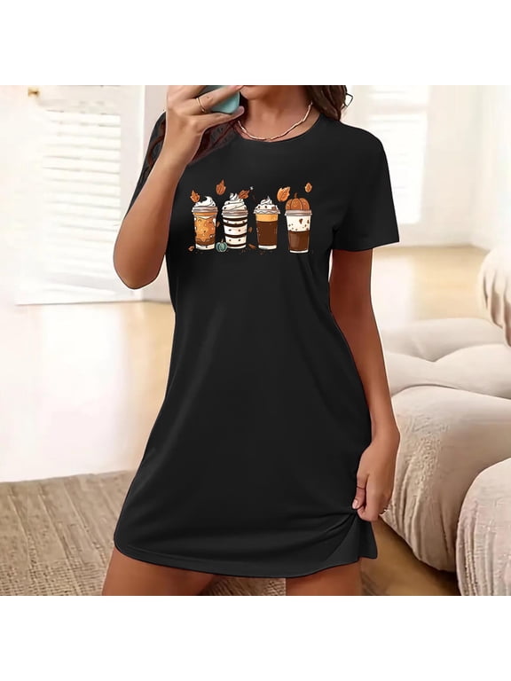 Short Moo Moos for Women Spooky Season Comfy Black Loungewear Pumpkin Print Short Sleeve Nightgowns for Women