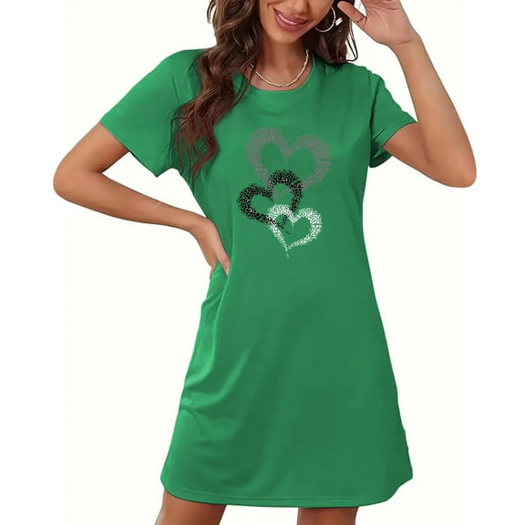 Sakmal Short Moomoo Nightgowns Women Lightweight Love Green Nightwear Short Sleeve Heart Print Nightgowns for Women