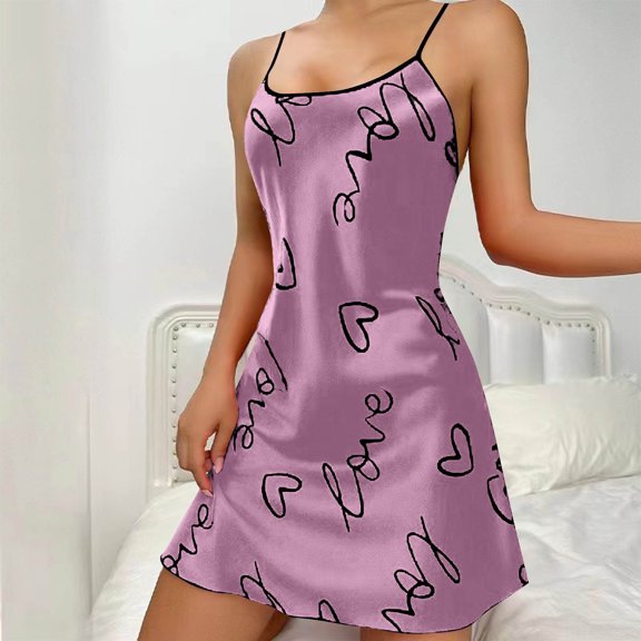 Sakmal Short Moomoo Sleep Dress for Women Spaghetti Straps Plus Size Purple Casual Sleep Dress Sleeveless Heart Print Chemises for Women