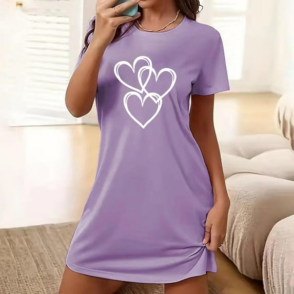 Sakmal Short Moomoos for Women Sleep Purple Casual Loungewear Heart Print Short Sleeve Nightgowns for Women