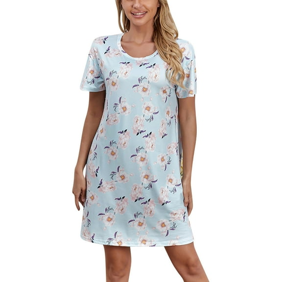 Sakmal Short Nightgowns for Women Blue Soft Plus Size Loungewear Floral Short Sleeve Nightgowns for Women