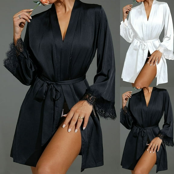Sakmal Short Robes for Women Satin Kimono Bathrobe for Women Black Cute Women's Robe L