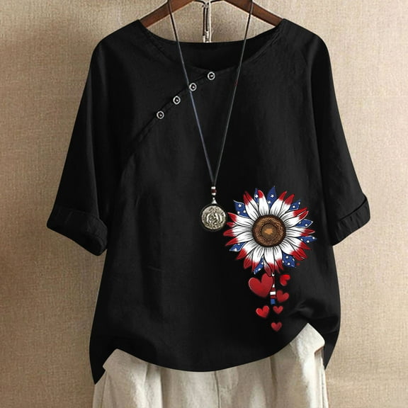 Sakmal Short Sleeve 3x Womens Tops Black Cotton and Linen Graphic V-Neck Independence Day T-Shirts Shirts
