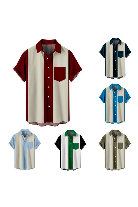 Short Sleeve Button Down Shirts Men Summer Tshirts Blue Mock Neck Color Block Mens Shirts L