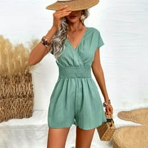 Sakmal Short Sleeve Casual Rompers for Women V Neck Green High Waisted One Piece Outfits Short Jumpsuits Solid Rompers