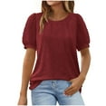 thumbnail image 1 of Sakmal Short Sleeve Ladies Tops Plus Size Red Pleated Puff Sleeve Solid Crew Neck T-Shirts Womens Shirts Under $5, 1 of 4