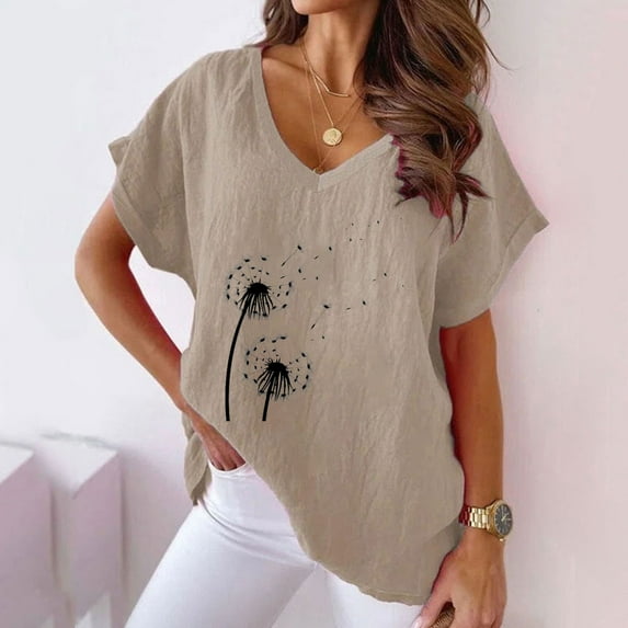 Sakmal Short Sleeve Ladies Tops Plus Size Yellow V-Neck Floral T-Shirts Womens Shirts