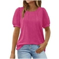 thumbnail image 1 of Sakmal Short Sleeve Ladies Tops and Blouses Pink Puff Sleeve Crew Neck Pleated Solid T-Shirts Womens Shirts for Summer, 1 of 4