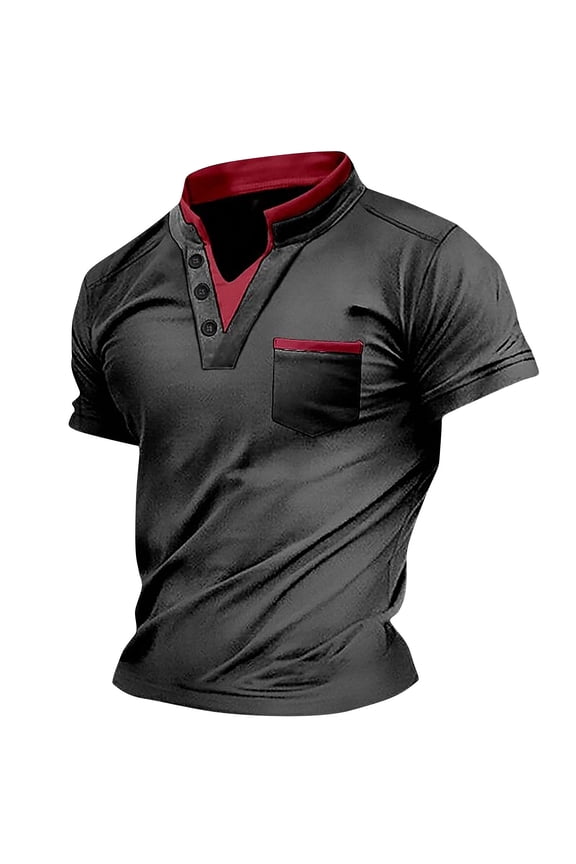 Short Sleeve Men T Shirts Collared Solid Gray Three Button Henley Closure Blouse Plus Size Tops for Men
