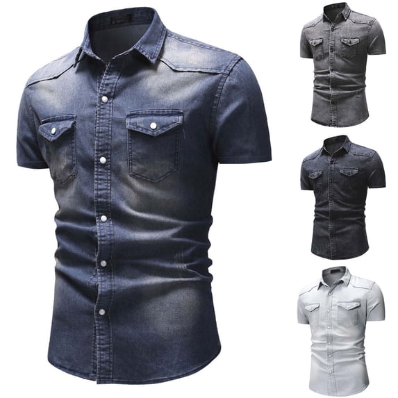 Sakmal Short Sleeve Men's and Big Men's Button Down Shirts Denim Vintage Beach Vacation Tshirts Blue Solid Shirts for Men L