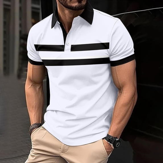 Sakmal Short Sleeve Men's and Big Men's Polo Shirts Button Down Lightweight Tshirts Business Casual White Striped Mens Shirts 2XL