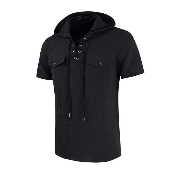 Sakmal Short Sleeve Mens Crew Neck Black T-Shirt Solid with Pockets Tops