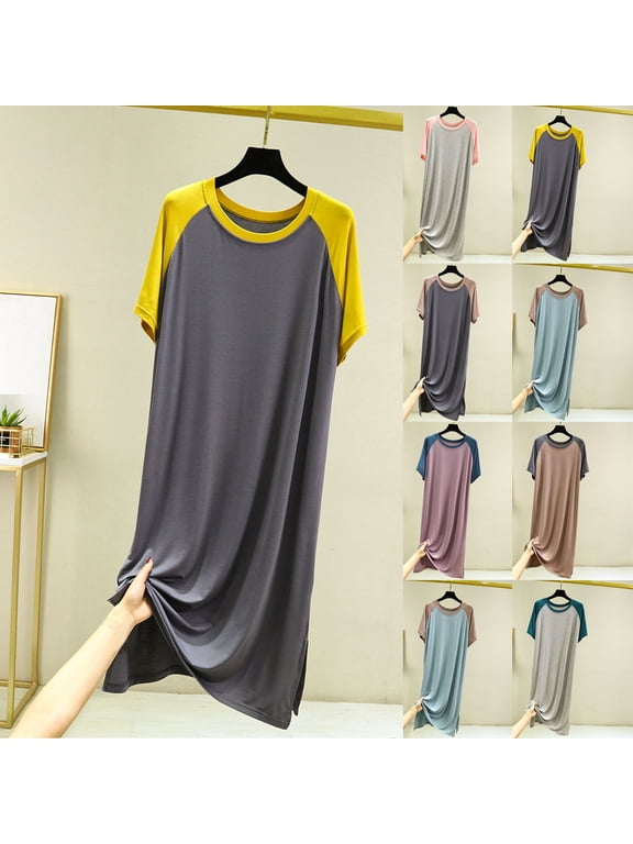 Short Sleeve Moomoo Nightgownss for Women Cute Cotton House Dress Solid Long Womens Nightgown M