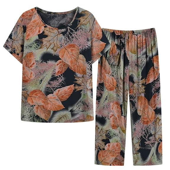 Sakmal Short Sleeve Night Shirts for Women Pajamas Sets Cropped 2 Piece Graphic Comfy Ladies Sleepwear Plus Size