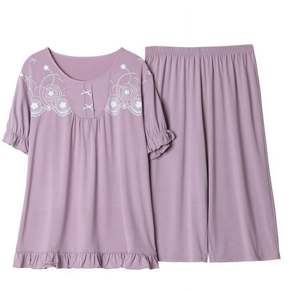 Sakmal Short Sleeve Pajamas Sets for Women Blue Comfy Graphic Pleated Lace Ladies Sleepwear