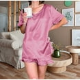 thumbnail image 1 of Sakmal Short Sleeve Pajamas Sets for Women Shorts Pant Pink Solid Ruffle Satin Women'S Sleepwear, 1 of 7