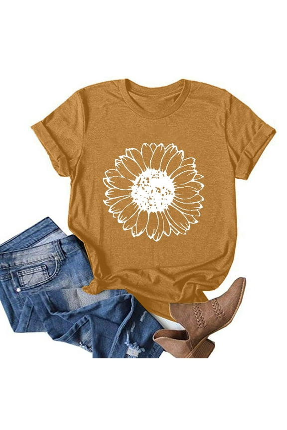 Short Sleeve Plus Size Tops for Women Brown Flower Crew Neck Floral T-Shirts Womens T Shirts