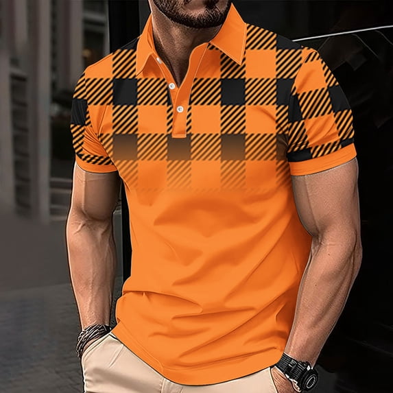 Sakmal Short Sleeve Polo Shirts for Men Casual Button Down Tshirts Orange Plaid Shirts for Men S