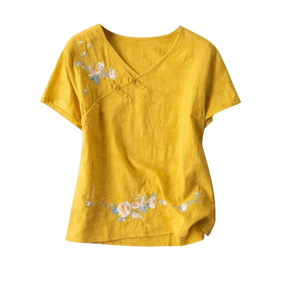 Sakmal Short Sleeve Shirts Women's V-Neck Cotton and Linen Embroidered shirts Womens Blouses Dressy Casual