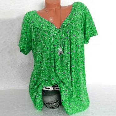 Sakmal Short Sleeve Shirts for Women Green Pleated Floral Floral Print V-Neck Tunic Shirts for Women