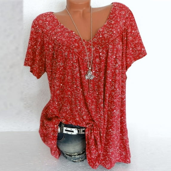 Sakmal Short Sleeve Shirts for Women Red Floral Pleated V-Neck Floral Print Tunic Shirts for Women