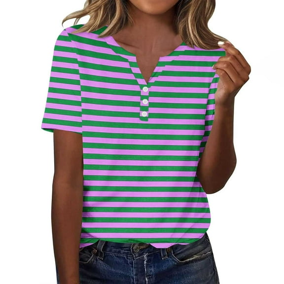 Sakmal Short Sleeve Shirts for Women Striped V-Neck Fashion Basic Shirts Green T-Shirts Tops Trendy 2025