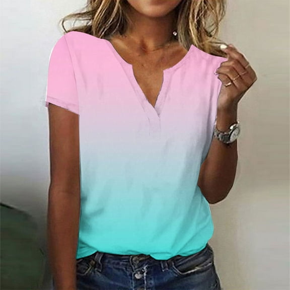 Sakmal Short Sleeve Shirts for Women V-Neck Gradient Shirts T-Shirts Womens Tops Dressy Casual