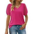 thumbnail image 1 of Sakmal Short Sleeve Spring Tops for Women 2024 Pink Solid V-Neck Puff Sleeves T-Shirts Womens T Shirts, 1 of 7