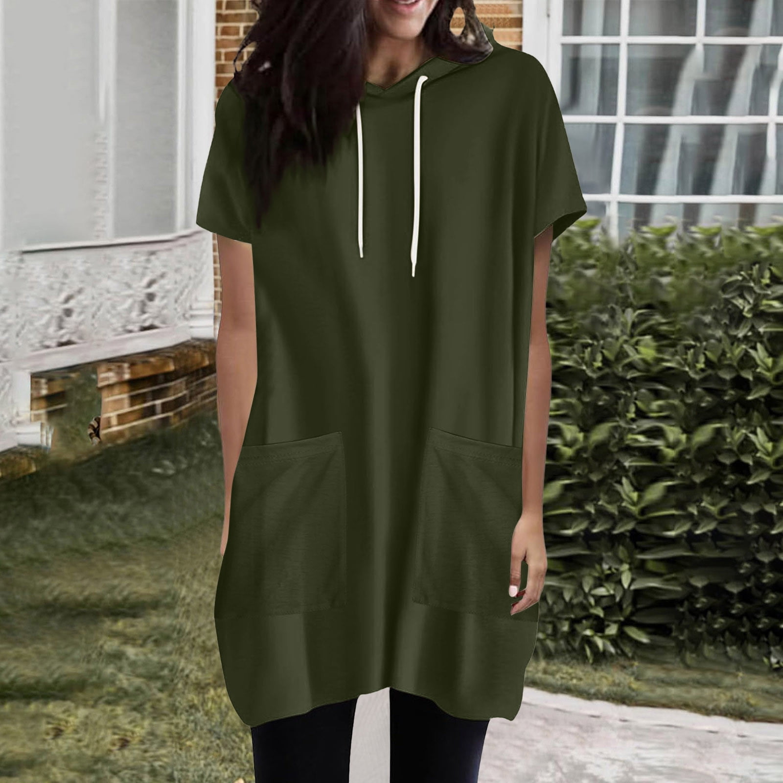 Sakmal Short Sleeve Summer Tops for Women 2025 Green Hooded Solid Loose