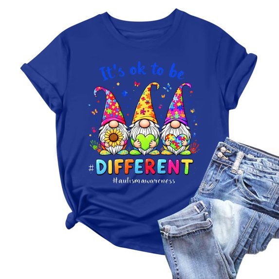 Sakmal Short Sleeve T Shirts for Women Graphic Autism Awareness Asd It's Ok To Be Different Crew Neck Relaxed Fit Casual Summer Tops