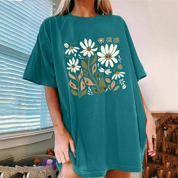 Sakmal Short Sleeve T Shirts for Women Oversized Crew Neck Floral Tops Casual T-Shirts Womens Tops