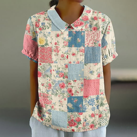 Sakmal Short Sleeve T Shirts Plaid Floral V-Neck Vintage Shirts Womens Tops