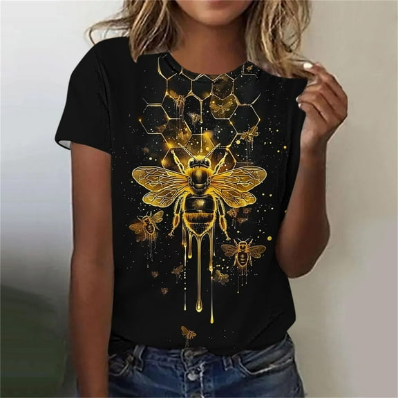 Sakmal Short Sleeve T Shirts Womens Cute Crew Neck Bee Graphic Shirts T-Shirts Spring Tops for Women