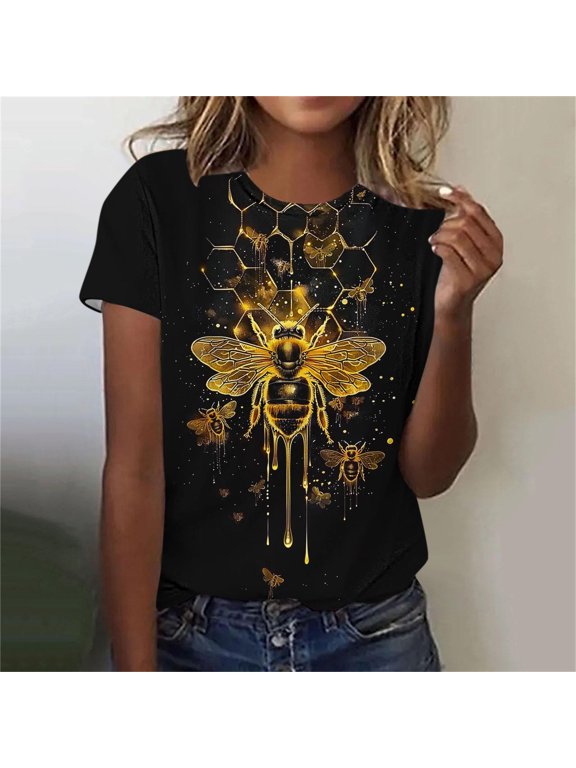 Short Sleeve T Shirts Womens Cute Crew Neck Bee Graphic Shirts T-Shirts Spring Tops for Women