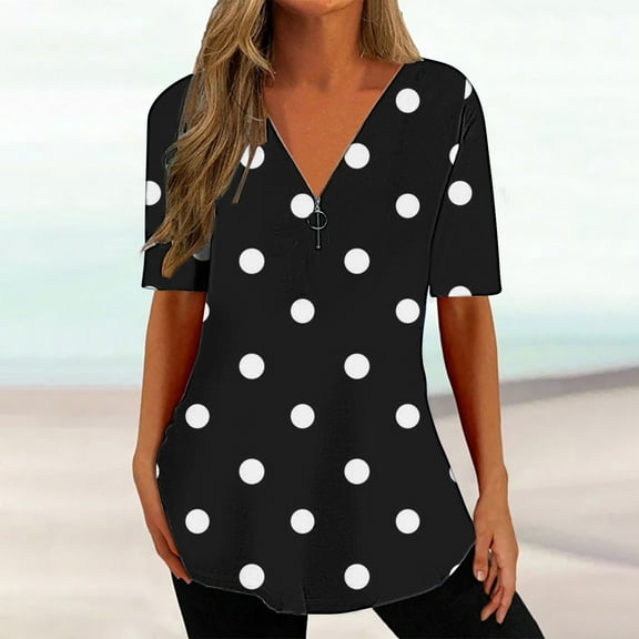 Sakmal Short Sleeve T Shirts for Women Loose Fit Quarter Zip Polka Dot V-Neck Tunic Shirts Black Tops Trendy 2025