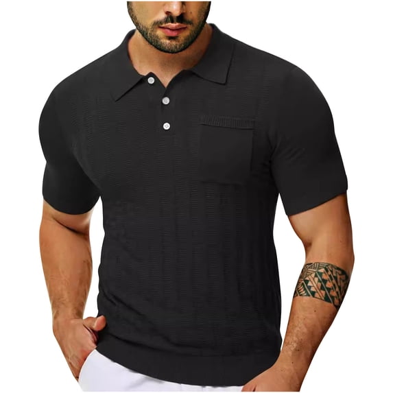 Sakmal Short Sleeve Tee Shirts for Men Halter Black Solid Classic Henley Style with Pockets Three Button Henley Closure Men'S Tee
