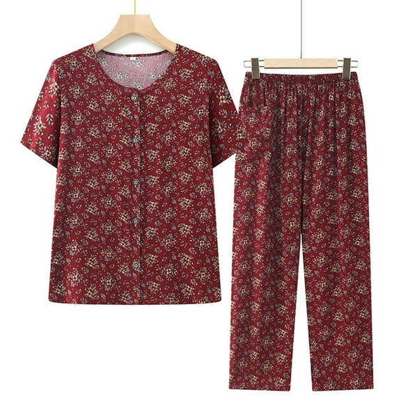 Sakmal Short Sleeve Top and Pants Pajama Sets for Women 2 Piece Floral Plus Size Cotton Pj Set ,Red,XXL