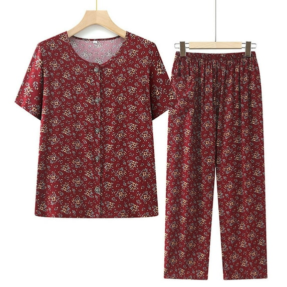 Sakmal Short Sleeve Top and Pants Pajama Sets for Women 2 Piece Floral Plus Size Cotton Pj Set ,Red,XXL