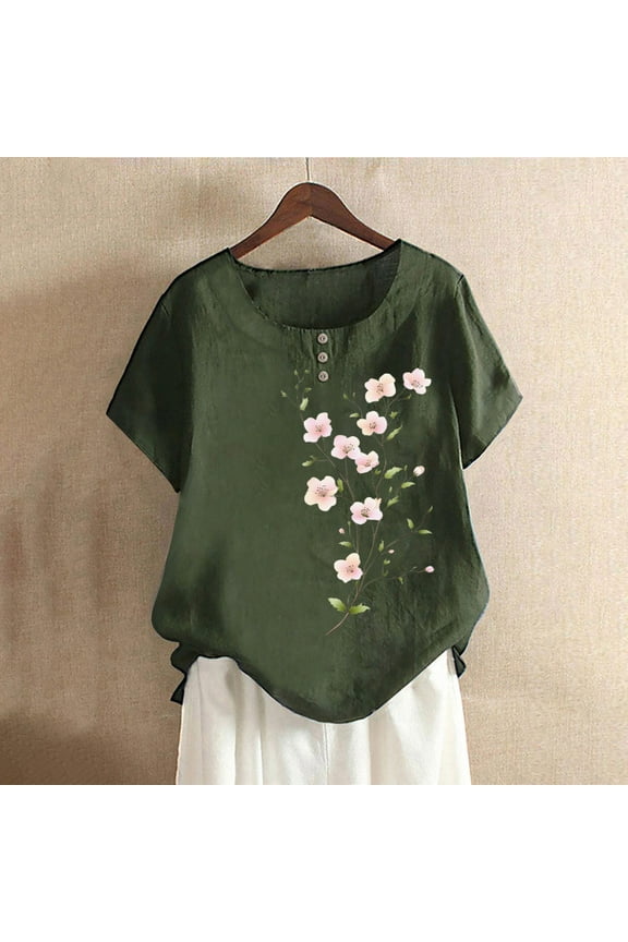 Short Sleeve Tops for Women Floral Green Dolman Plus Size Button Down Blouses Going Out Tops