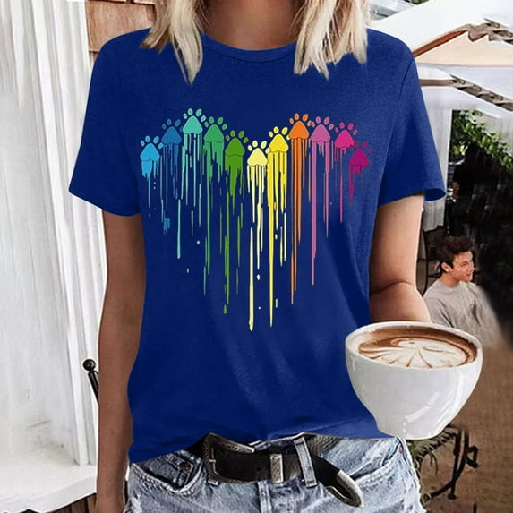 Sakmal Short Sleeve Tops for Women Trendy Blue Crew Neck Dog Paw Love Heart T-Shirts Ladies Shirts and Tops