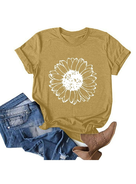 Short Sleeve Trendy Tops for Women 2024 Brown Crew Neck Flower Floral T-Shirts Ladies Shirts $5
