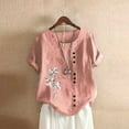 thumbnail image 1 of Sakmal Short Sleeve Trendy Tops for Women 2024 Pink Crew Neck Floral Button Blouses Shirts for Women, 1 of 7