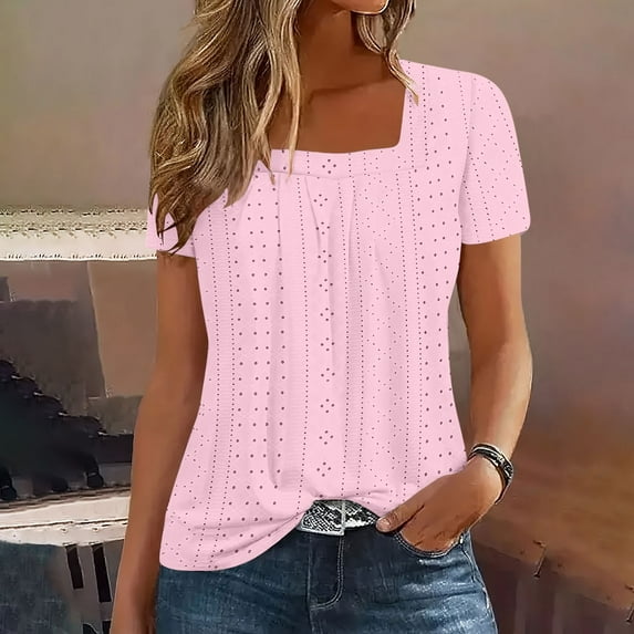 Sakmal Short Sleeve Women's Blouses Square Neckline Solid Shirts Pink Blouses Womens Tops Dressy Casual