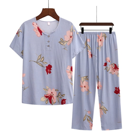Sakmal Short Sleeve Women's Pajama Sets Plus Size Lightweight Cotton Linen Lounge Set Wide Leg Floral Round Neck Pajamas