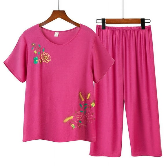 Sakmal Short Sleeve Womens Pajamas Sets Under $10 Pink Cropped Floral Loose Fit Cotton and Linen 2 Piece Loungewear Topsfor Women
